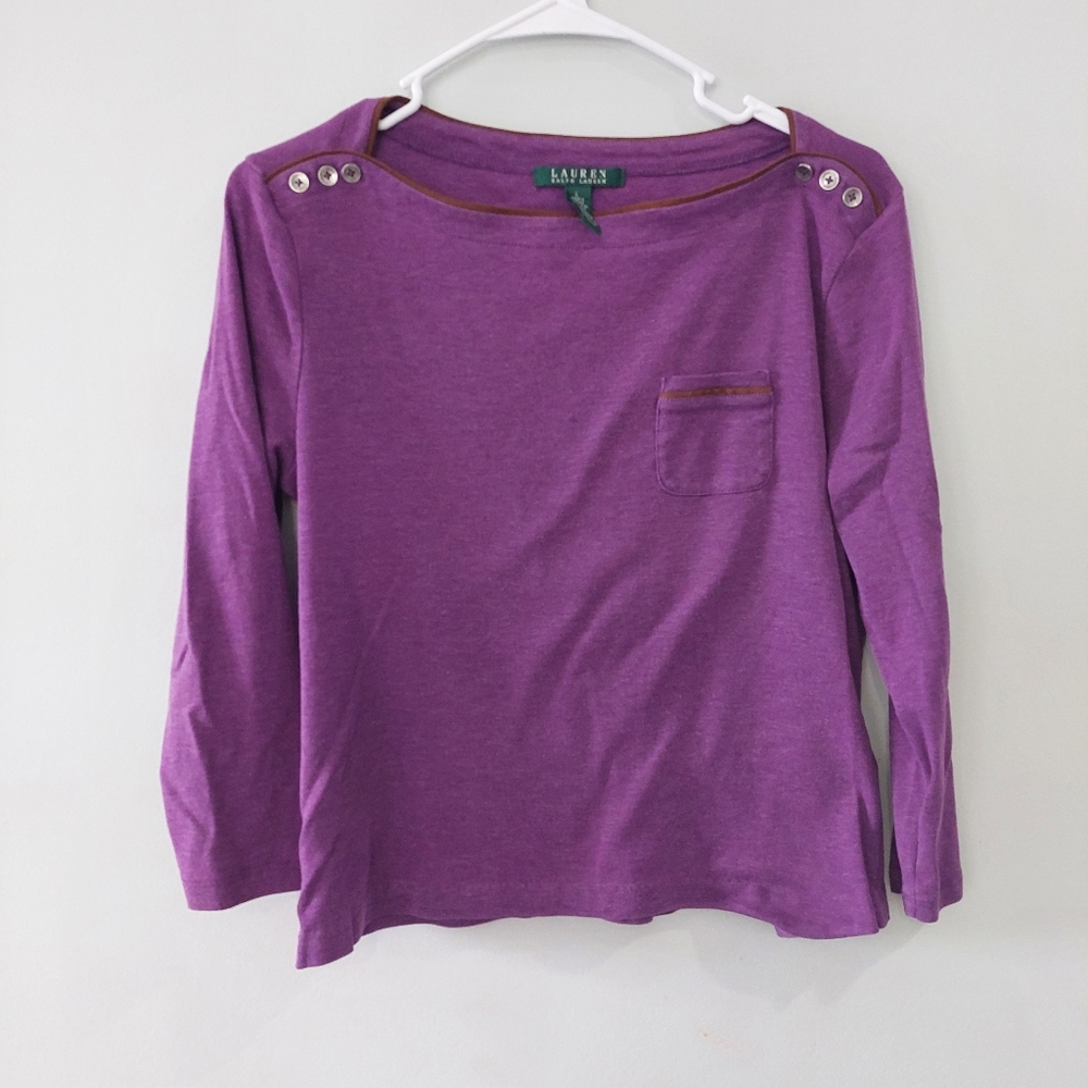 Lauren Ralph Lauren long sleeve t-shirt Large purple brown trim button shoulder